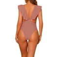 thumbnail image 3 of INSPIRE CHIC Women's One Piece V Neck Ruffled Swimwear Monokini Tummy Control Bathing Suit Rosy Brown XL, 3 of 5