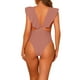 thumbnail image 3 of Bañadores de una pieza para mujer, escote en V, con volantes, monokini, control de abdomen, traje de baño color marrón rosado XS, 3 of 5