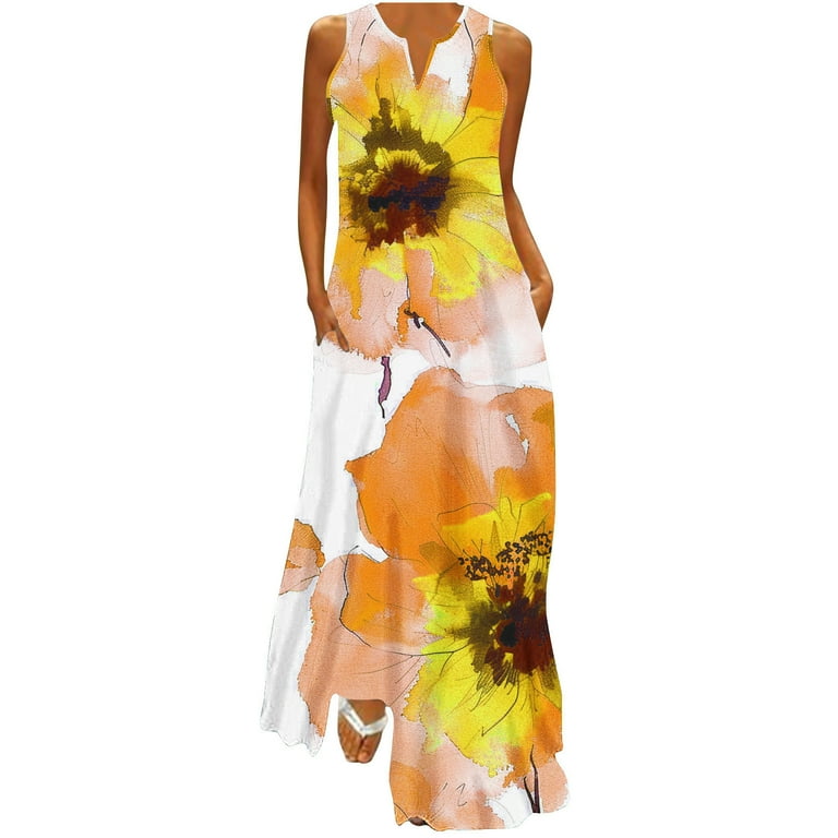 Cagogo Summer Vintage Floral Swing Flowy Maxi Long Tank Dress for Womens Homecoming Dresses Under Casual Loose Sleeveless V Neck Cute White Church