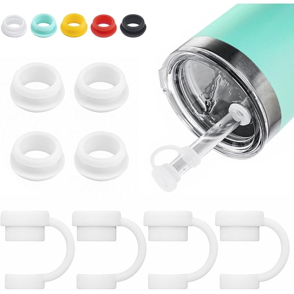 Straw Cover for YETI Cup, 4 Sets Silicone Spill Stopper Compatible with YETI Tumbler, Leak Proof Kit of Mug Accessories Including 4 Straw Cover, 4 Leak Proof Stopper (White 4PCS)