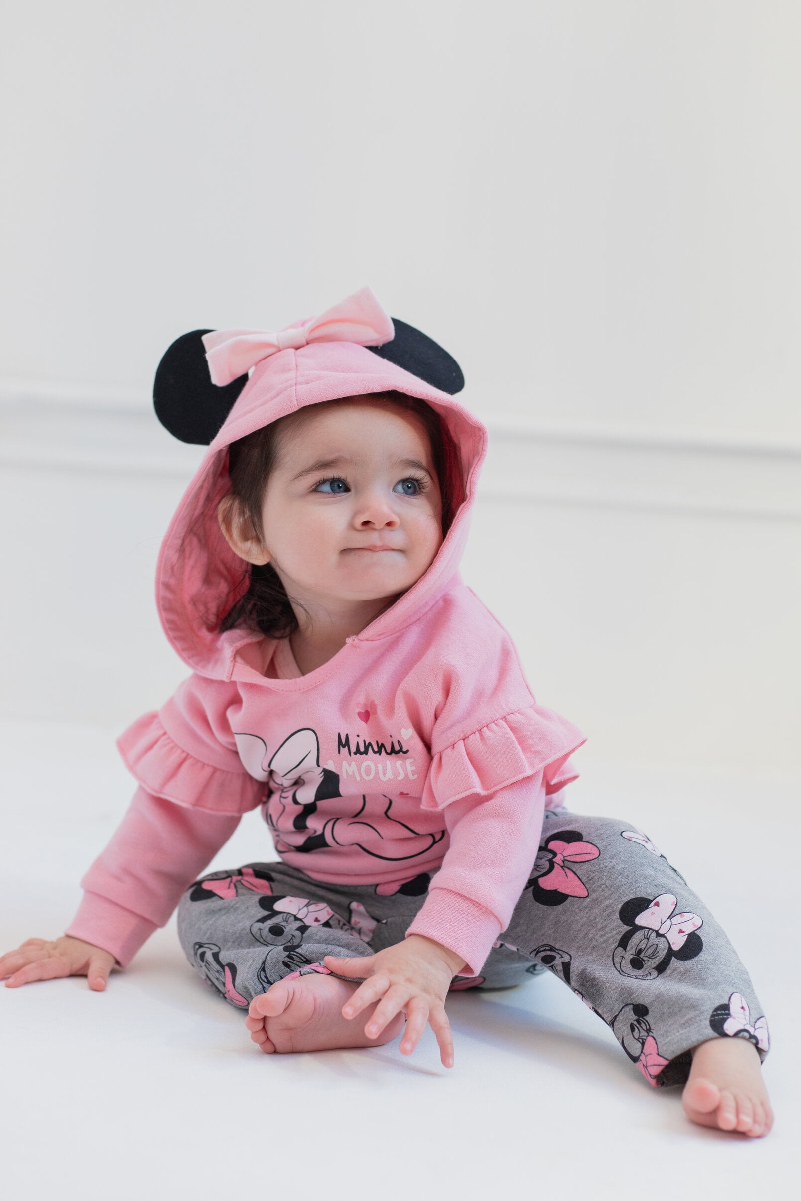 Disney Minnie Mouse Infant Baby Boys or Girls Fleece Pullover Hoodie Bodysuit and Pants 3 Piece Outfit Set Newborn to Infant