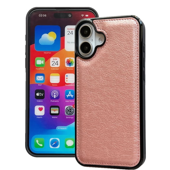 Designed for iPhone 16 Phone Case, Classic Lightweight PU Leather Back   TPU Frame, Shockproof Protective Anti-falling Ultra Slim Back Case for iPhone 16, Rosegold