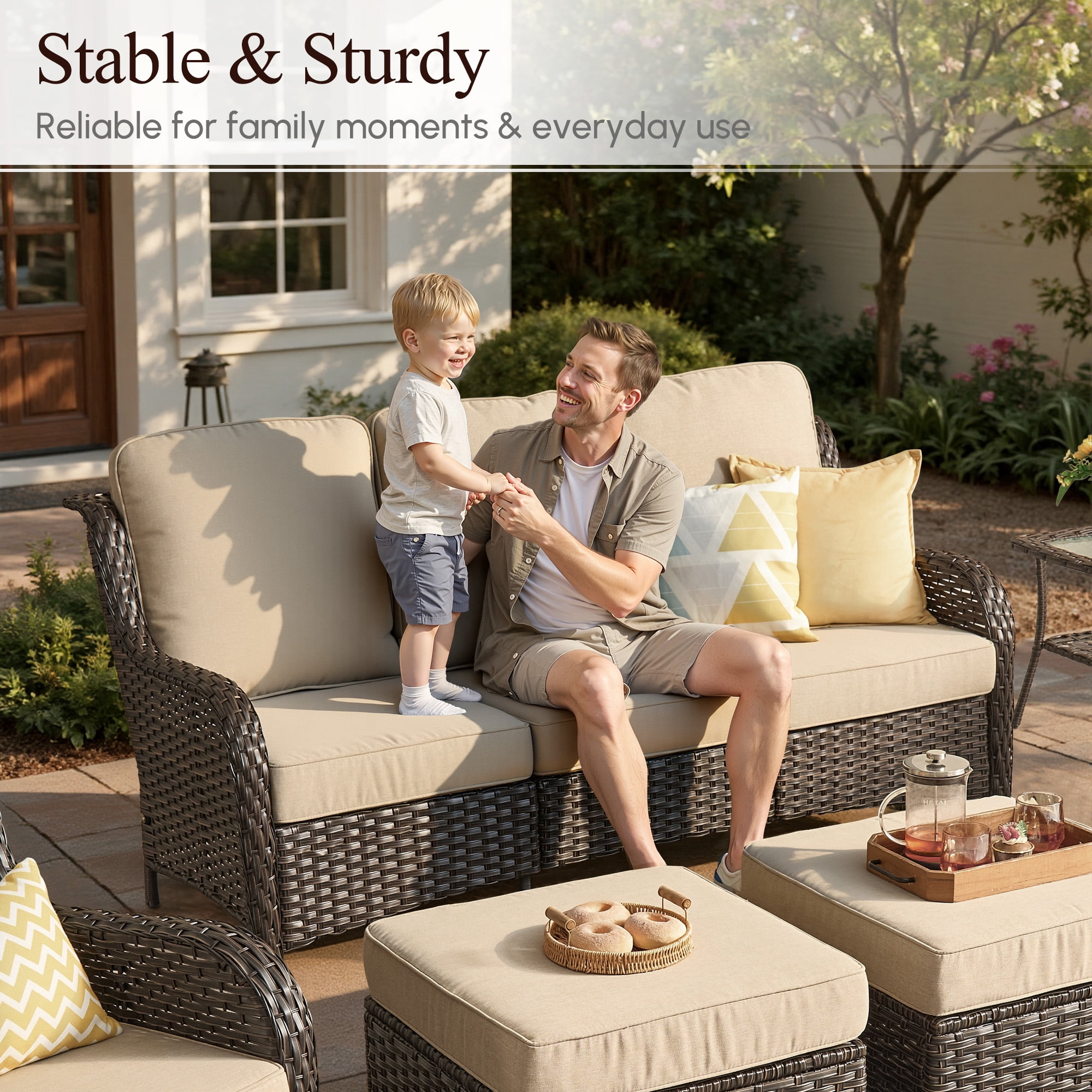 Vcatnet 6 Pieces Outdoor Patio Furniture Wicker High-Back Conversation Set with Swivel Rocking Chairs and Ottoman, Beige