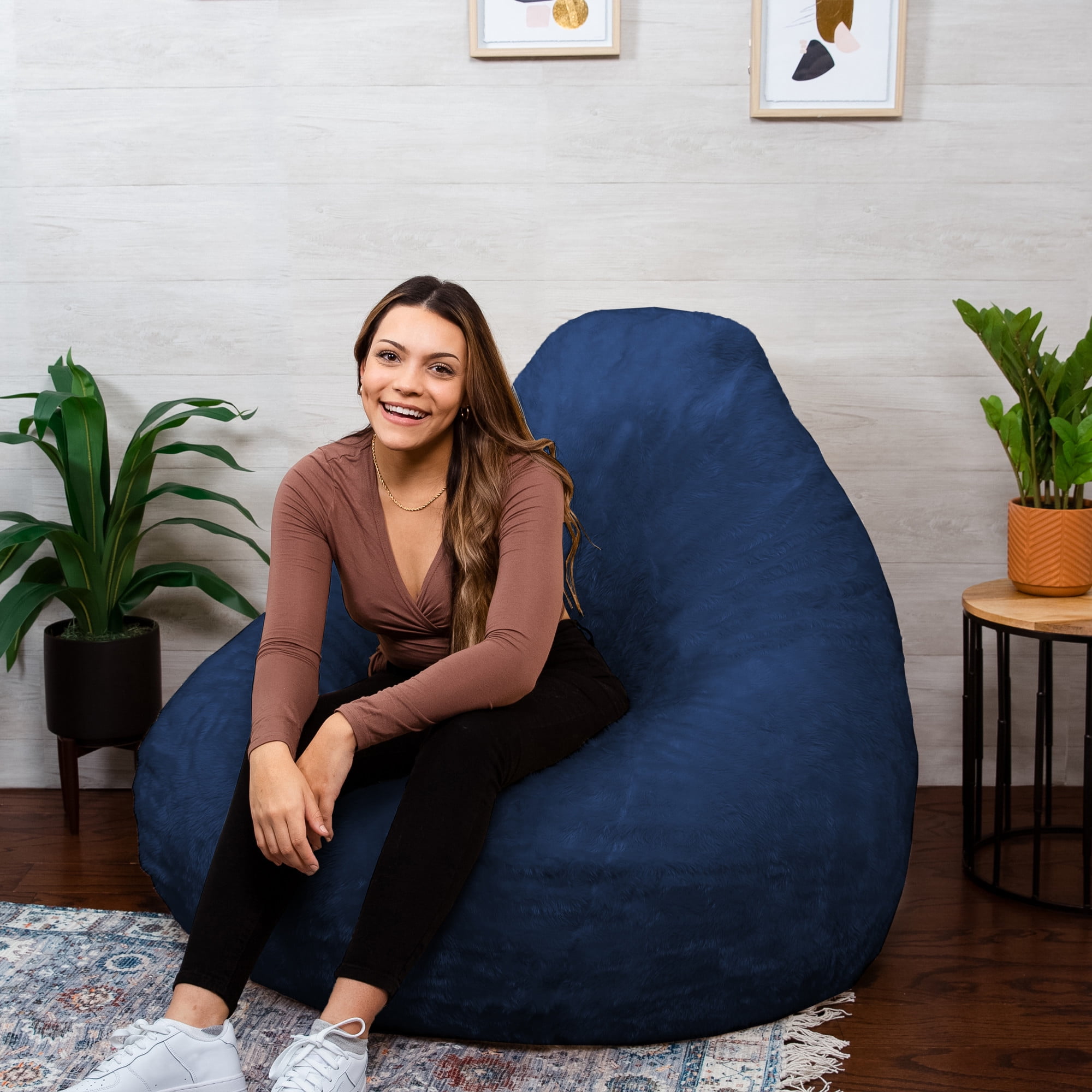Big Joe Lotus Foam Filled Teardrop Bean Bag Chair with Removable Cover, Navy Short Shag, Soft Faux Fur, 4 feet Big