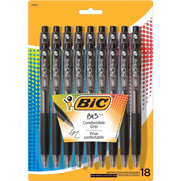BIC BU3 Grip Ball Point Pen with Side Click Retraction, 0.7 mm, Black Ink, 18 Count, 18 Pack