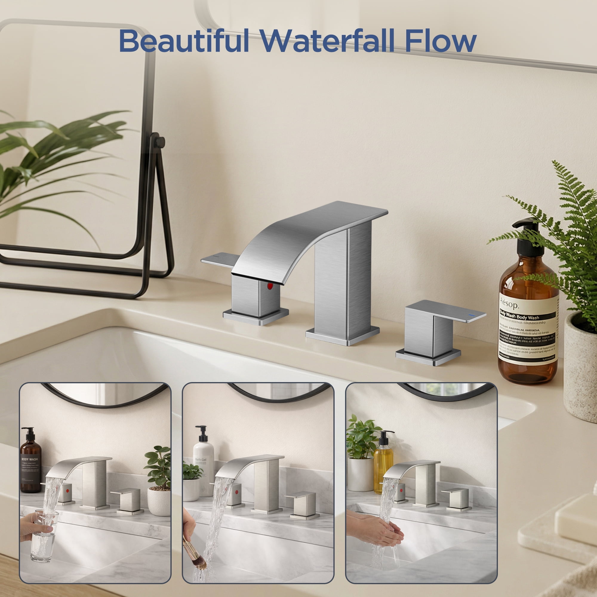 TVOFEK Waterfall Bathroom Faucet 3 Hole, 8 inch Widespread Sink Faucets Brushed Nickel with Metal Pop-up Drain and cUPC Supply Hoses for Vanity Lavatory