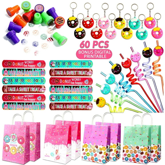 EMPIRE PARTY SUPPLY Donut Themed Party Favors - 12 Sets of Donut Paper Bags, Keychain, Straw, Wristband, Stickers