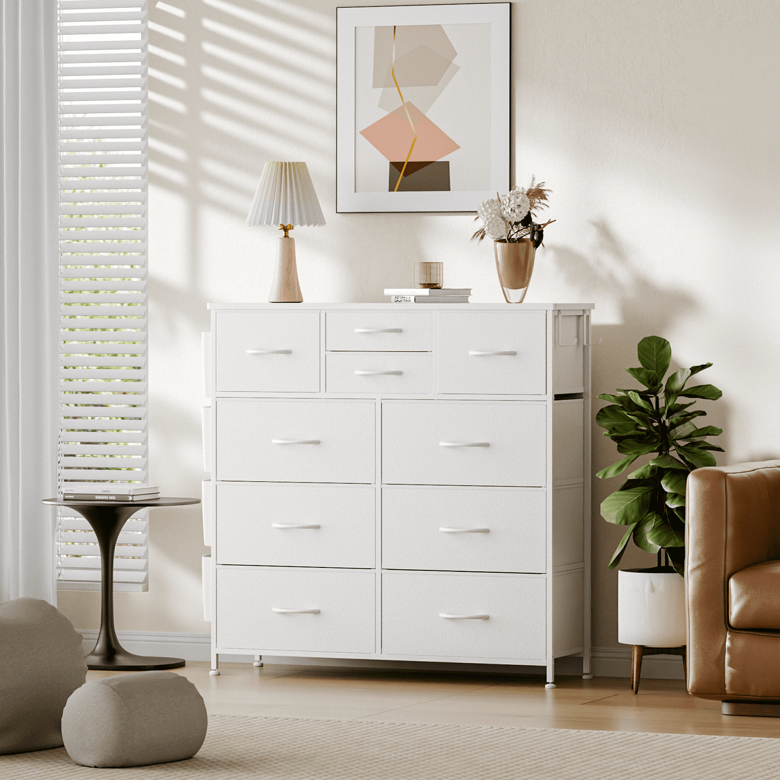 Aowos 10 Drawer Dresser, Chest of Drawers Dressers for Bedroom with 4 Side Pockets and 2 Hooks, White