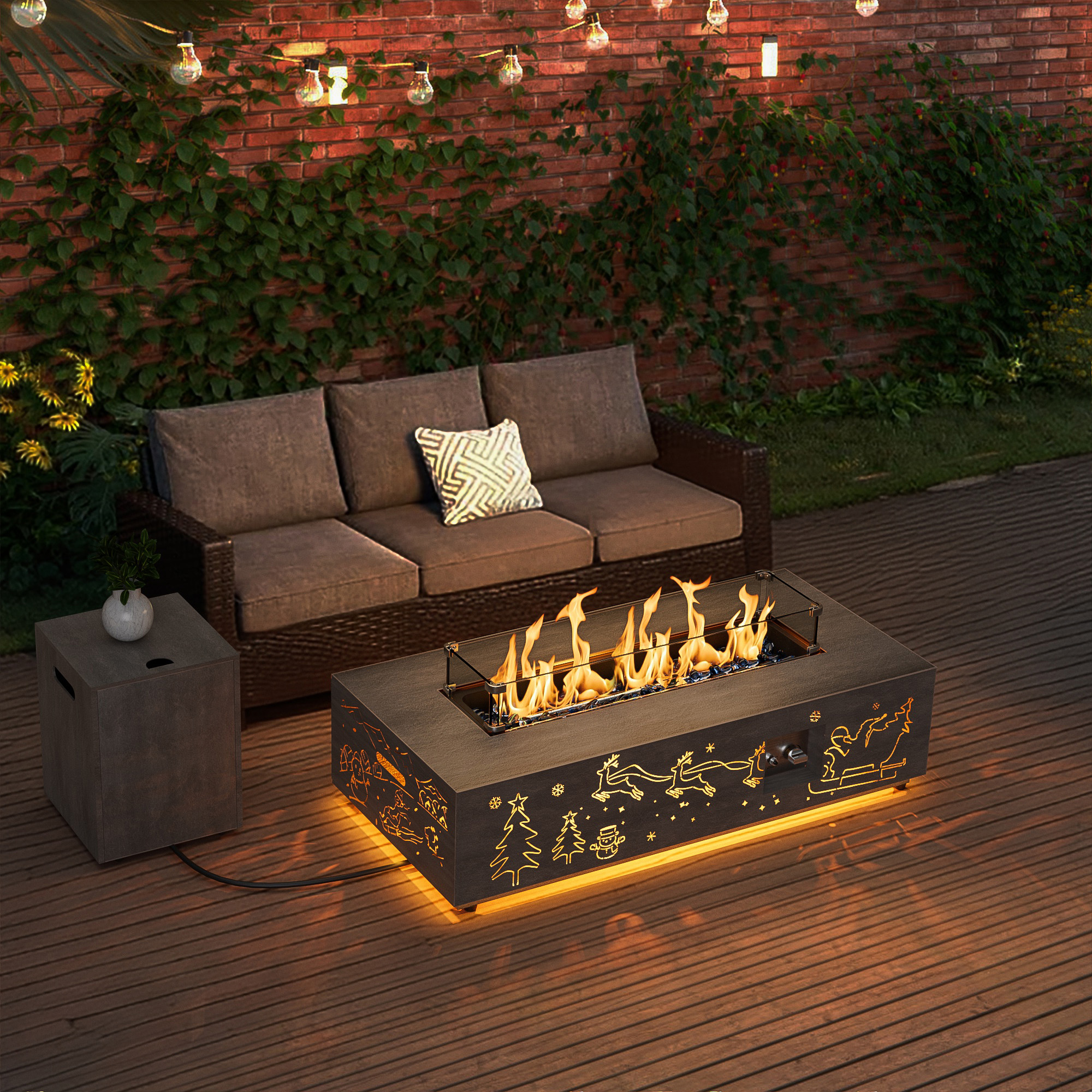Evita 42" Propane Fire Pits for Outdoor 50,000 BTU Gas Fire Pit Table with Lid ,Glass stone,Windguard Glass,Tank Cover,LED Light Strip