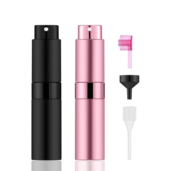 IRON BILL 2 PCS/8ml Portable Mini Perfume Atomizer bottles, Empty Refillable Spray Bottle with 3 Types of Refill Tools, Pocket Travel Perfume Sample Bottles(Matte Black&Pink)