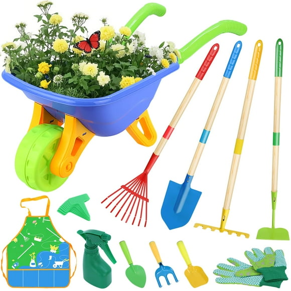 Set de jardinería Magic4U Kids con carretilla, pala, rastrillo y azadón, 11 unidades