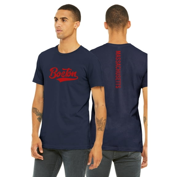 Daxton Adult Unisex Tshirt Boston Script with Massachusett Vertical on the Back, Navy Red, 3XL