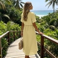 thumbnail image 5 of 2DXuixsh Robe Maxi d'Été Ample et Fluide pour Femme, Ajourée, Col Rond, Couleur Unie, Manches Courtes, Vacances, avec Poches, 5 of 5