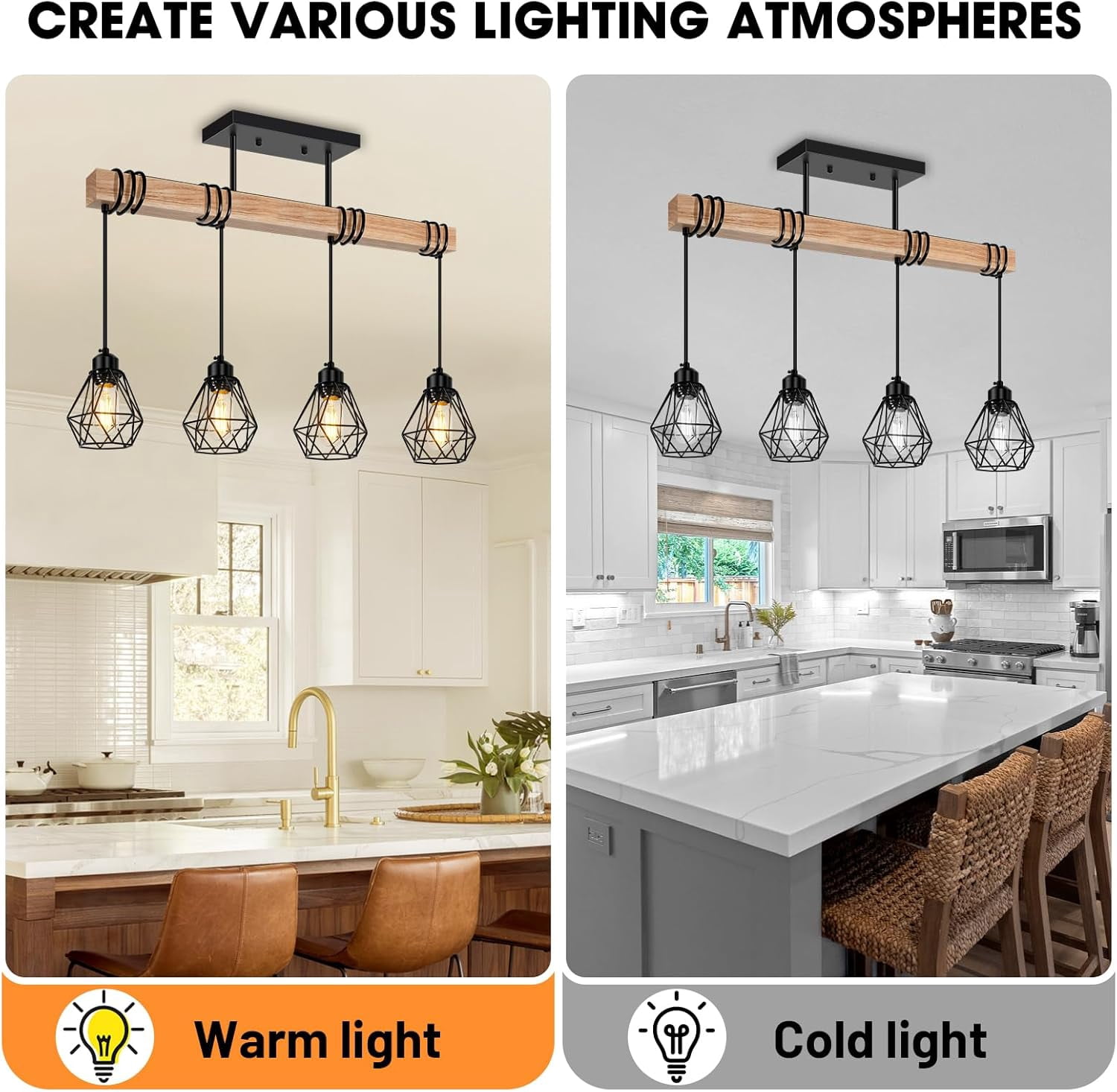 4-Lights Farmhouse Wood Kitchen Island Lighting Dining Room Light Fixtures Chandelier over Table Rustic Black Cage Pendant Lights Ceiling Hanging for Pool Table, Living Room, Hallway