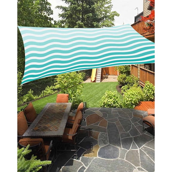 Geometric Turquoise Ombre Sun Sail Shades Rectangle Canopy,Sunlight Block Heavy Duty Curved Backyard Shade Cover,Modern Gradient White Ocean Striped Waterproof Sun Shades for Patios Garden 8'x10'