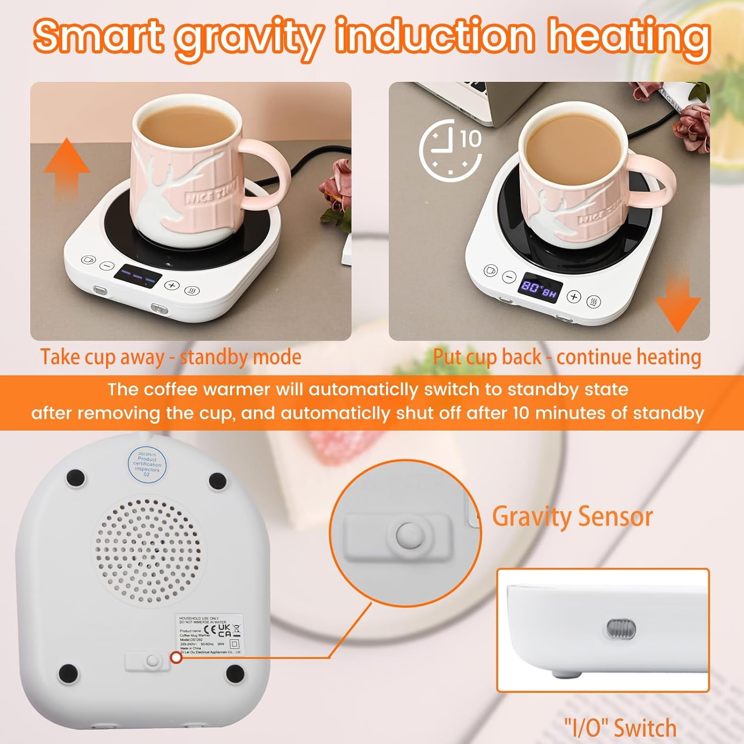 Gliving Coffee Cup Warmer for Desk 3-Gears Adjustable Temperature Coffee Mug Warmer with Drink Water Reminder and Auto On/Off Gravity-Induction, White