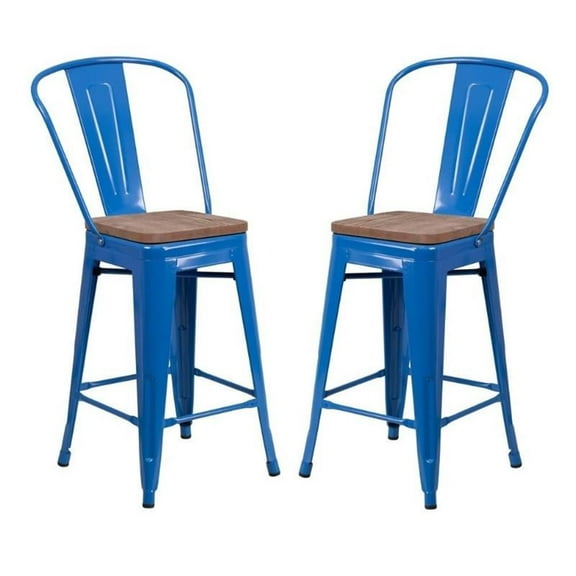 Home Square 24" Metal Counter Stool in Blue and Wood Grain - Set of 2