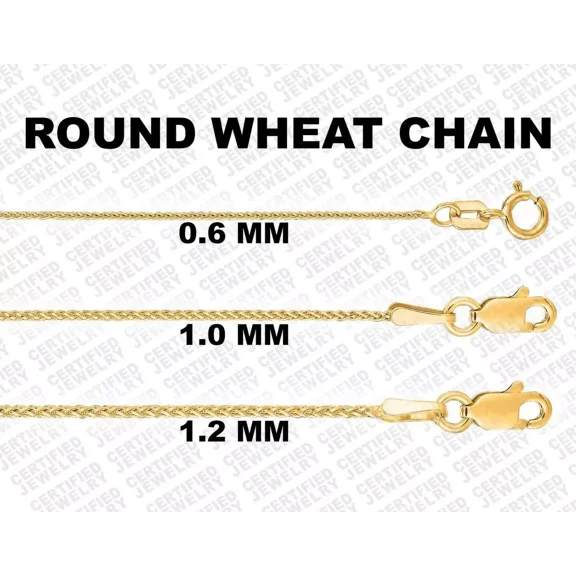 Solid 14K Yellow Gold Diamond Cut Round Wheat Chain Necklace, 16" To 30" Inch, 0.6mm 1mm 1.2mm Wide, 14K Gold Wheat Chain, 14K Wheat Chain