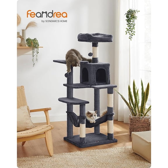 SONGMICS HOME Árbol para Gatos, Altura 143 cm, Torre de Gatos, Tela de Felpa, Multinivel, con 4 Postes Rascadores, 2 Plataformas, 1 Cueva, 1 Hamaca, 2 Pompones, Gris Ahumado