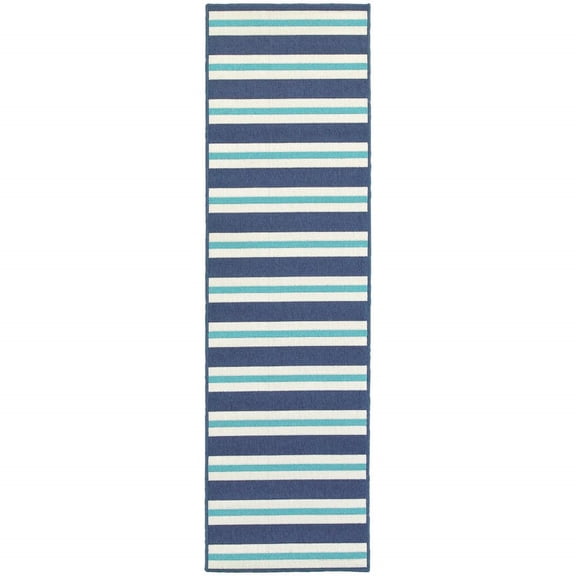 HomeRoots 507142 2 x 8 ft. Blue Geometric Stain Resistant Indoor & Outdoor Rectangle Area Rug