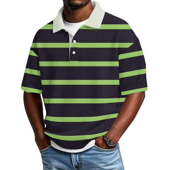 Dresfit Mens Polo Shirts Short Sleeve Striped Golf Shirts 2026 Summer Lapel Waffle Knit Shirt Big and Tall Color Block Collared Beach Tops 3XL