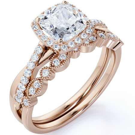 JeenMata Art Deco Ring 1.75 Carat Cushion Cut Moissanite Wedding Set in 18k Rose Gold Over Silver