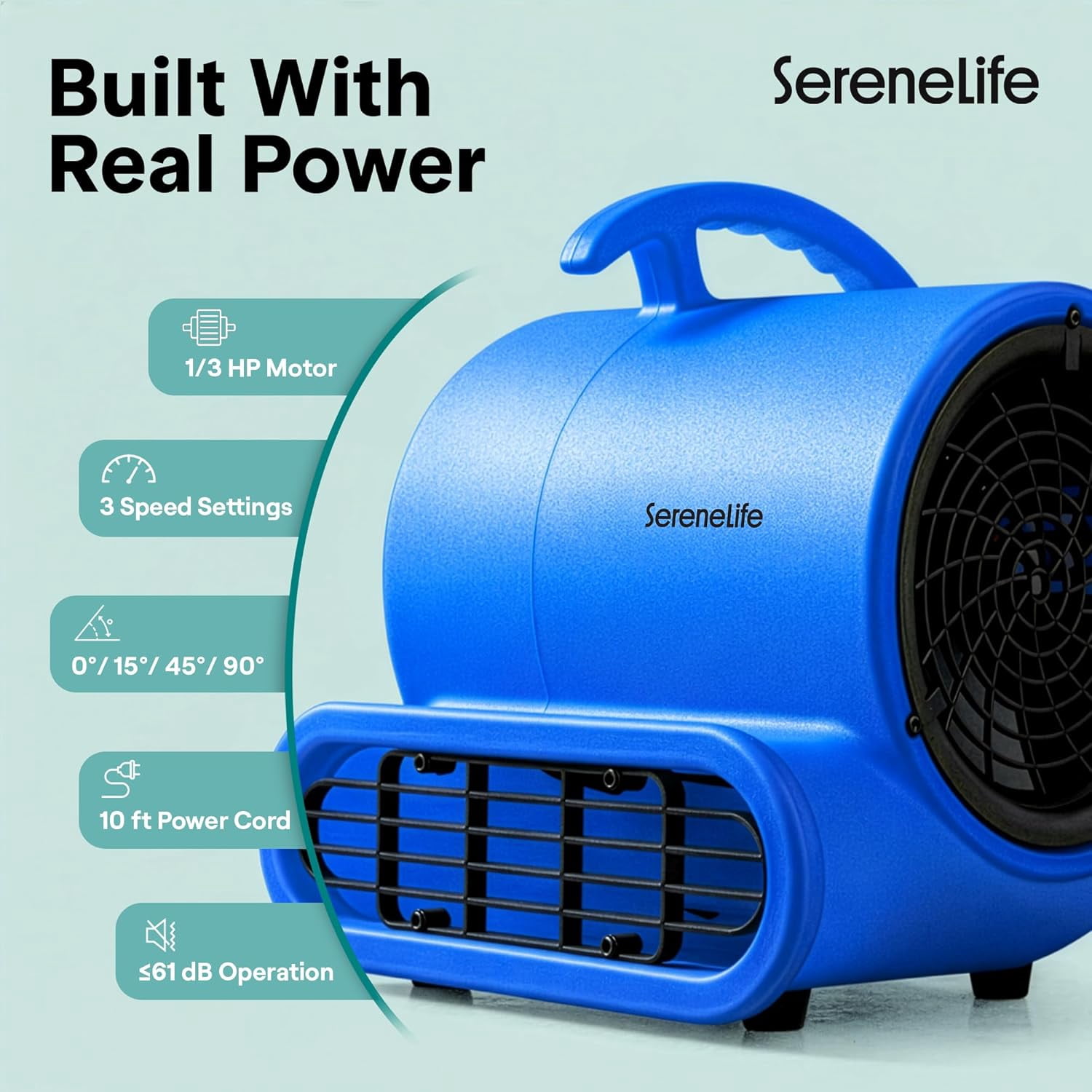 SereneLife Air Mover Portable Blower – 3-Speed 1000 CFM Air Dryer with Adjustable Tilt & Daisy Chain, Compact Durable Fan for Home, Garage & Work Use (Blue)