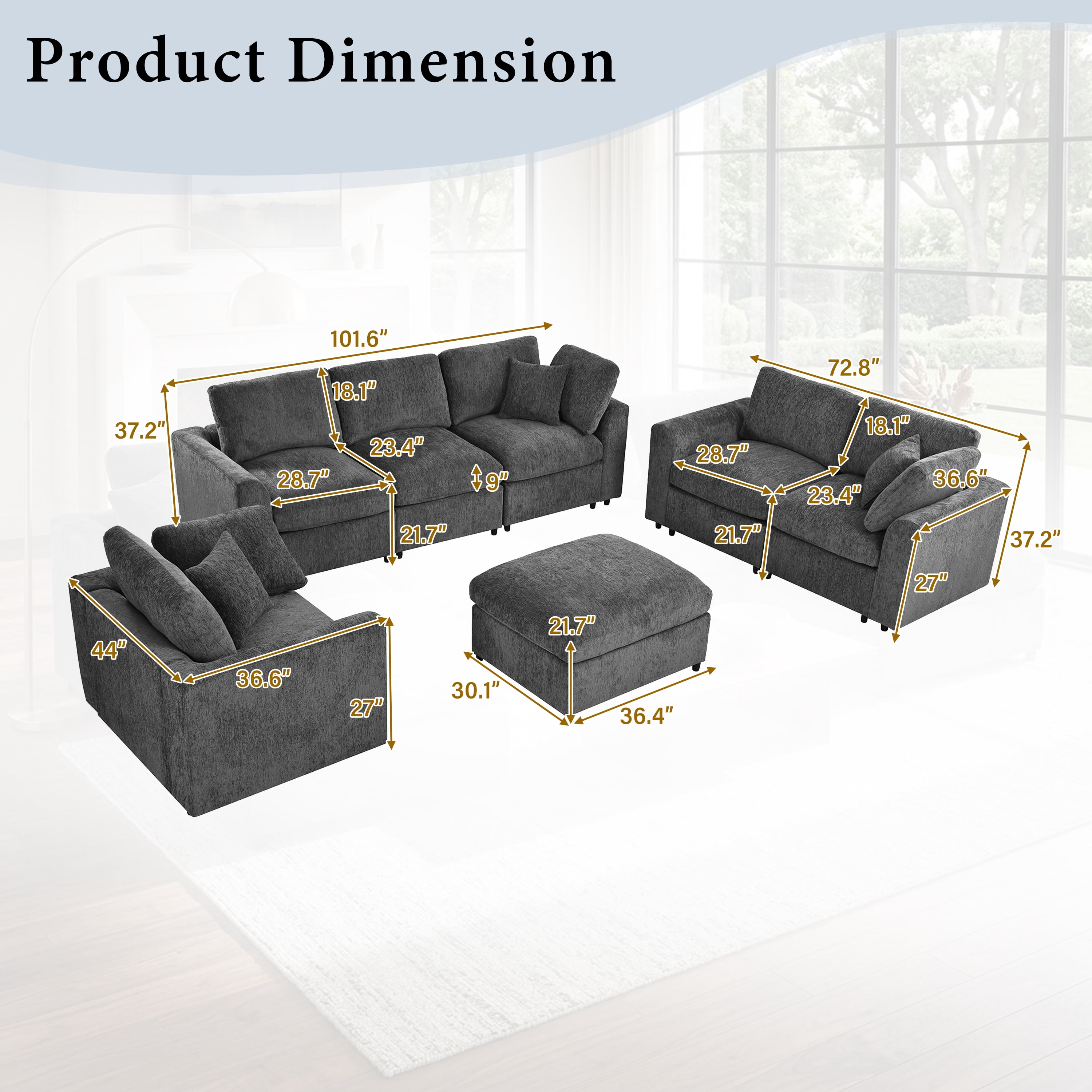 Howcool 4-Piece Modular Sectional Sofa Set,3-Seater Sofa + Loveseat + Accent Chair + Movable Ottoman,Soft Chenille Deep Seat Sofa Couch with Solid Wood Frame for Living Room,Gray