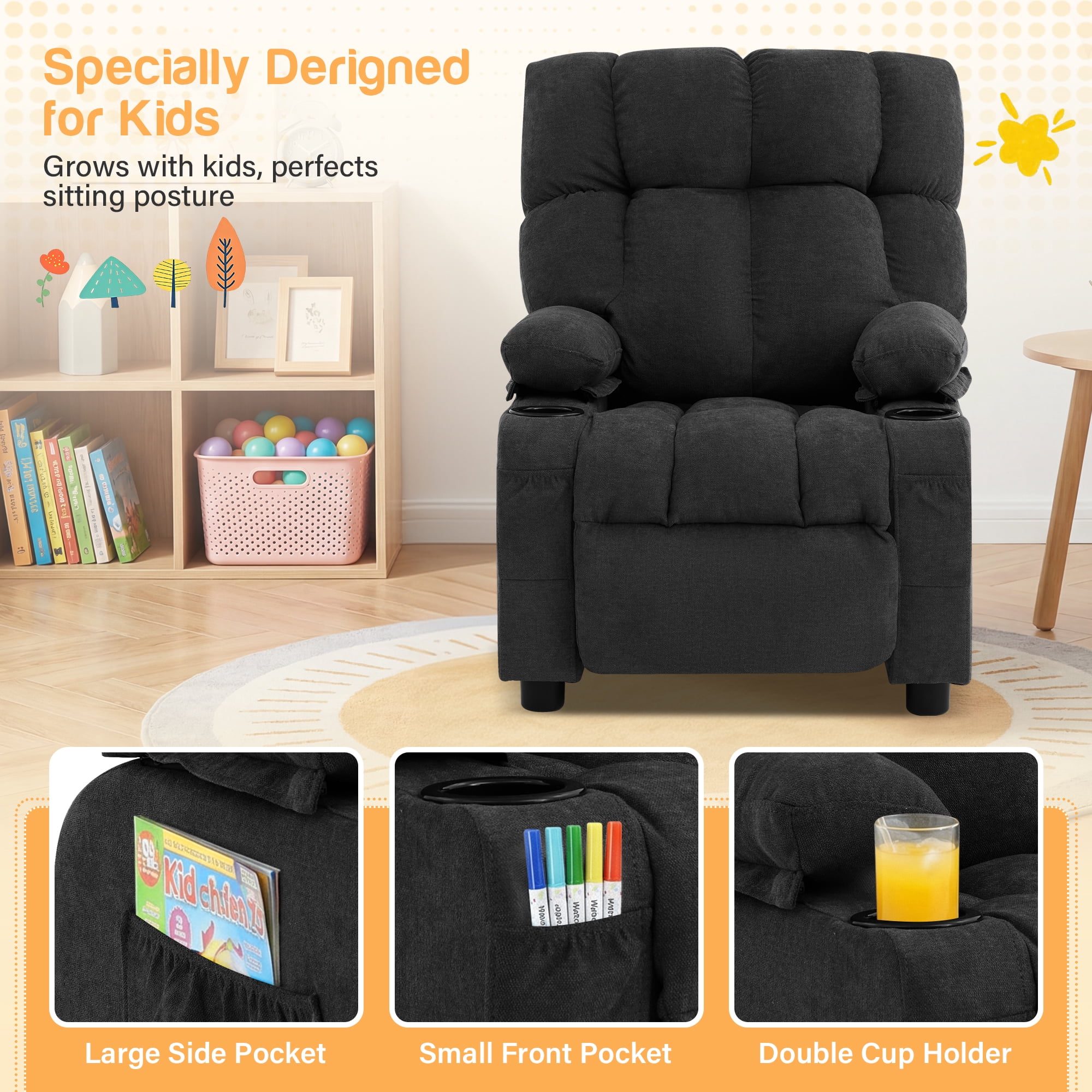 JONPONY Kids Recliner Chair,Push Back Toddler Recliner with Cup Holders & Side Pockets，Adjustable Footrest & Headrest Kids Sofa for Boys Girls 3+ Age Group，Children's Bedroom Furniture，Black