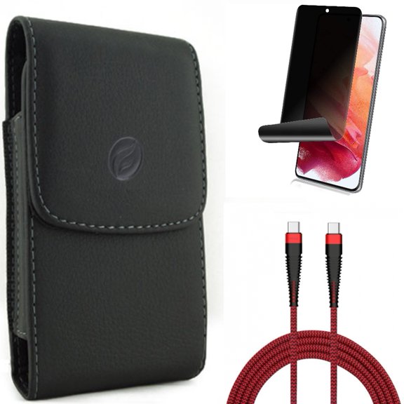 Privacy Screen Protector w 10ft PD Cable w Case Belt Clip for Samsung Galaxy S21 Plus - TPU Film Fingerprint Works, Type-C to USB-C Charger Cord, Leather Holster Accessory Bundle