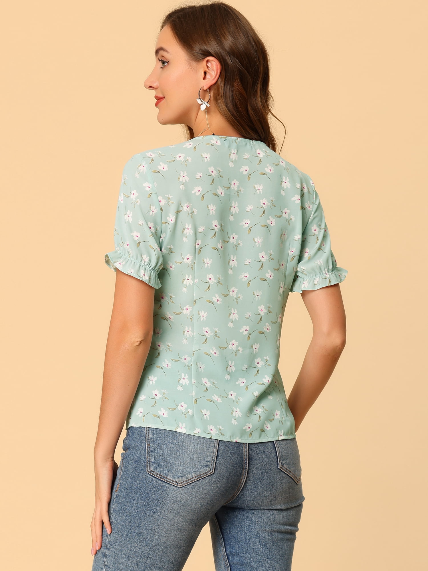 DARING DIVA Women's Ruffled Bubble Short Sleeve Floral Blouse M Green