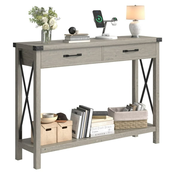 43" Entryway Table with 2 Drawers, Narrow Console Table with Open Shelf, Sofa Table for Behind Couch, Hallway, Living Room, Gray