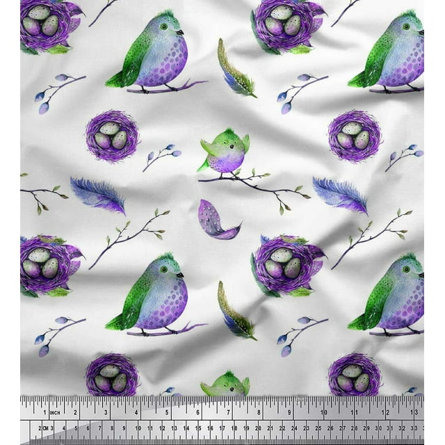 Soimoi Moss Georgette Fabric Nest,Feather & Artistic Bird Print Fabric by The Yard 42 Inch Wide