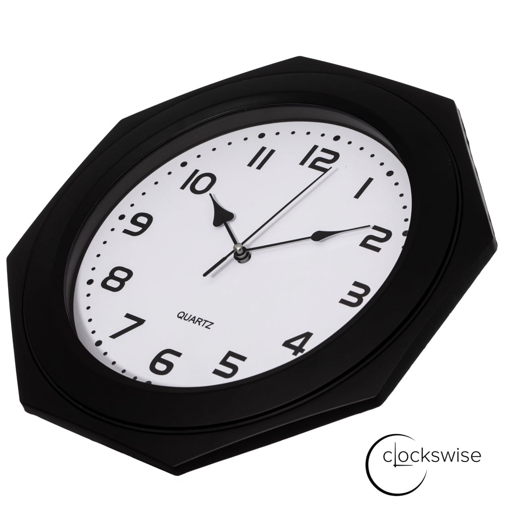 Clockswise 12-inch Non-Ticking Octagon Plastic Analog Wall Clock - Elegant Decorative Accent for Home Décor in Bedroom, Bathroom, Living Room, Dining Room, Entryway, Hallway, Kitchen or Office, Black