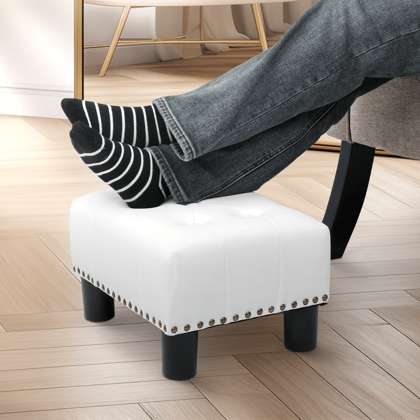 Magshion Foot Stool Ottoman with Padded Seat, Modern PU Leather Footrest, Rectangular Seat Stool, White