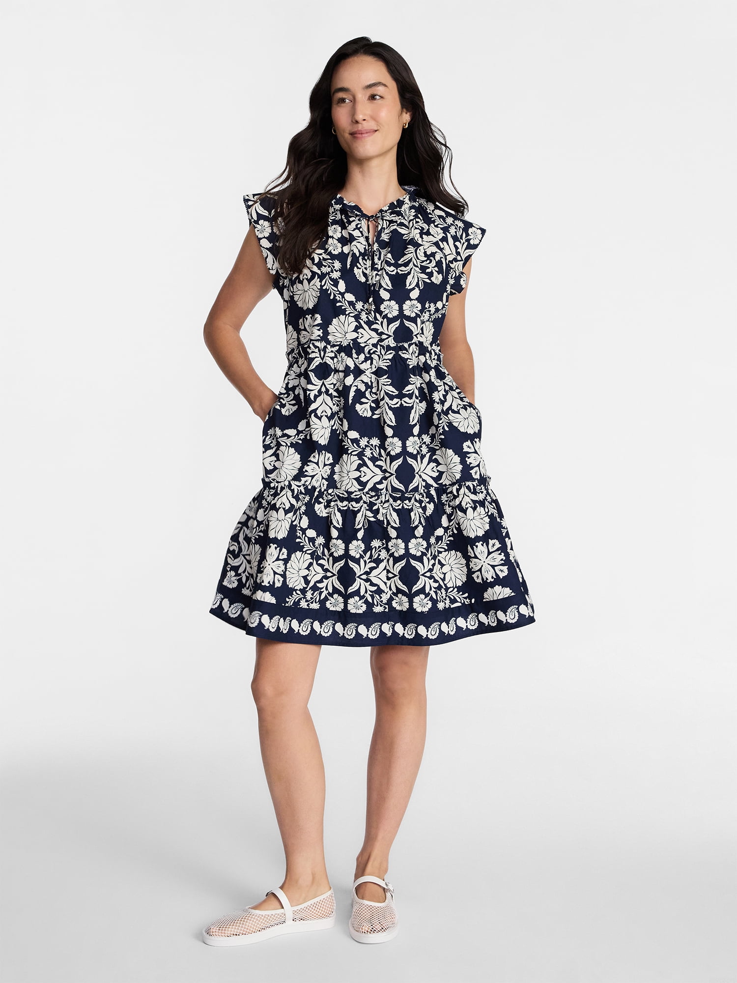 Time and Tru Women's and Women's Plus Tiered Cotton Mini Dress with Flutter Sleeves, Sizes XS-4X