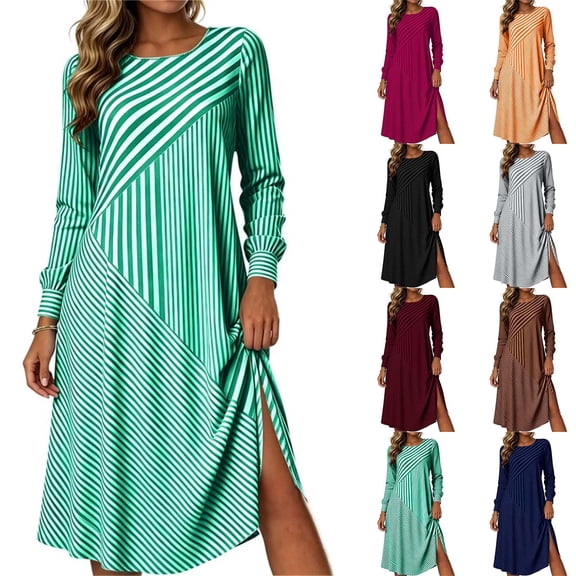 Omexry Work Dresses for Women Women's Fashion And Leisure Splicing Long Sleeve Round Neck Loose And Comfortable Dress