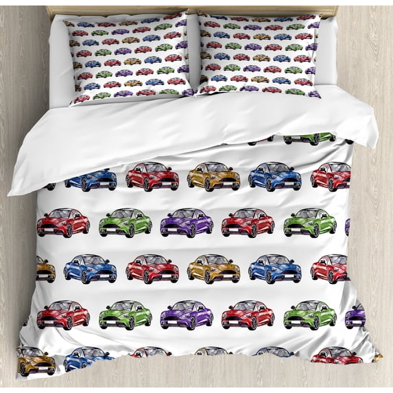 Cars Duvet Cover Set King Size, Colorful Speedy Sports Cars with Different Angles Hand Drawn Fast Vehicles, Decorative 3 Piece Bedding Set with 2 Pillow Shams, Red Fern Green Purple, by Ambesonne