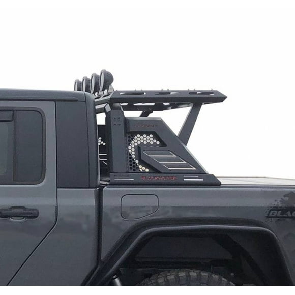 Fits 2005-2021 Nissan Frontier Black Horse Offroad Truck Bed Bar AR2-05BA3-PLFB Armour II; Rugged Style; With Removable Red Black Horse Logo Side Plates; With Harness and Switch; With Cargo Basket