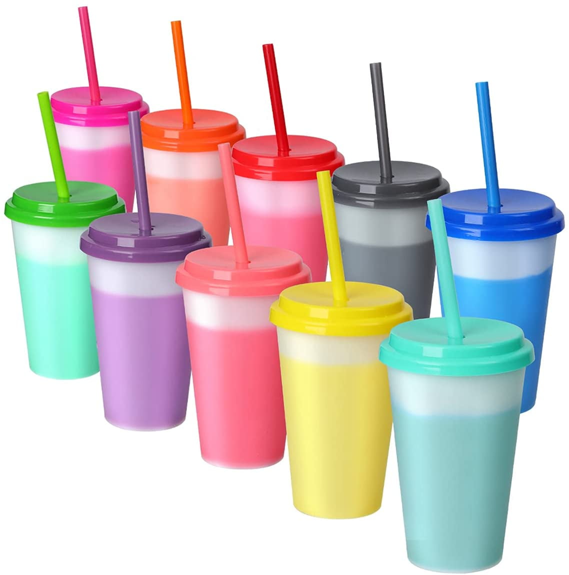 LEIFEOSH Plastic Tumblers with Lids and Straws, 24 Pcs Reusable Cups with Lids Plastic Colorful Cups for Parties Birthdays, Iced Coffee Cup Travel Mug