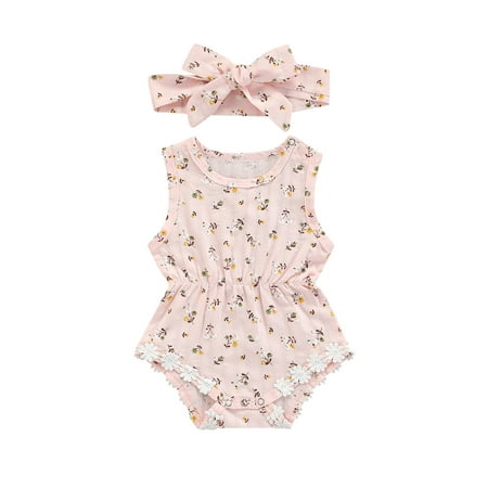 

wsevypo Baby Girl Romper Floral Sleeveless Jumpsuit Outfit Set Match Headband