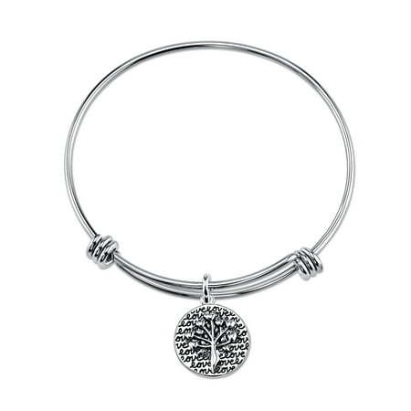 Sterling Silver Adjustable Family Where Life Begins and Love Never Ends Tree Charm Bangle Bracelet
