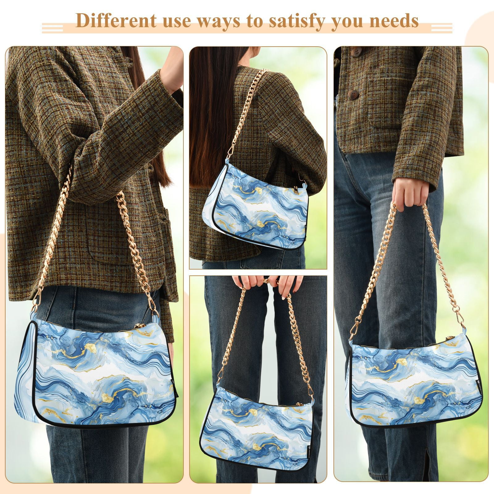Blue Gold AgateWomen Small Shoulder Bag Crossbody Tote Hobo Bags Purse Clutch Handbags with Chain Strap for Women
