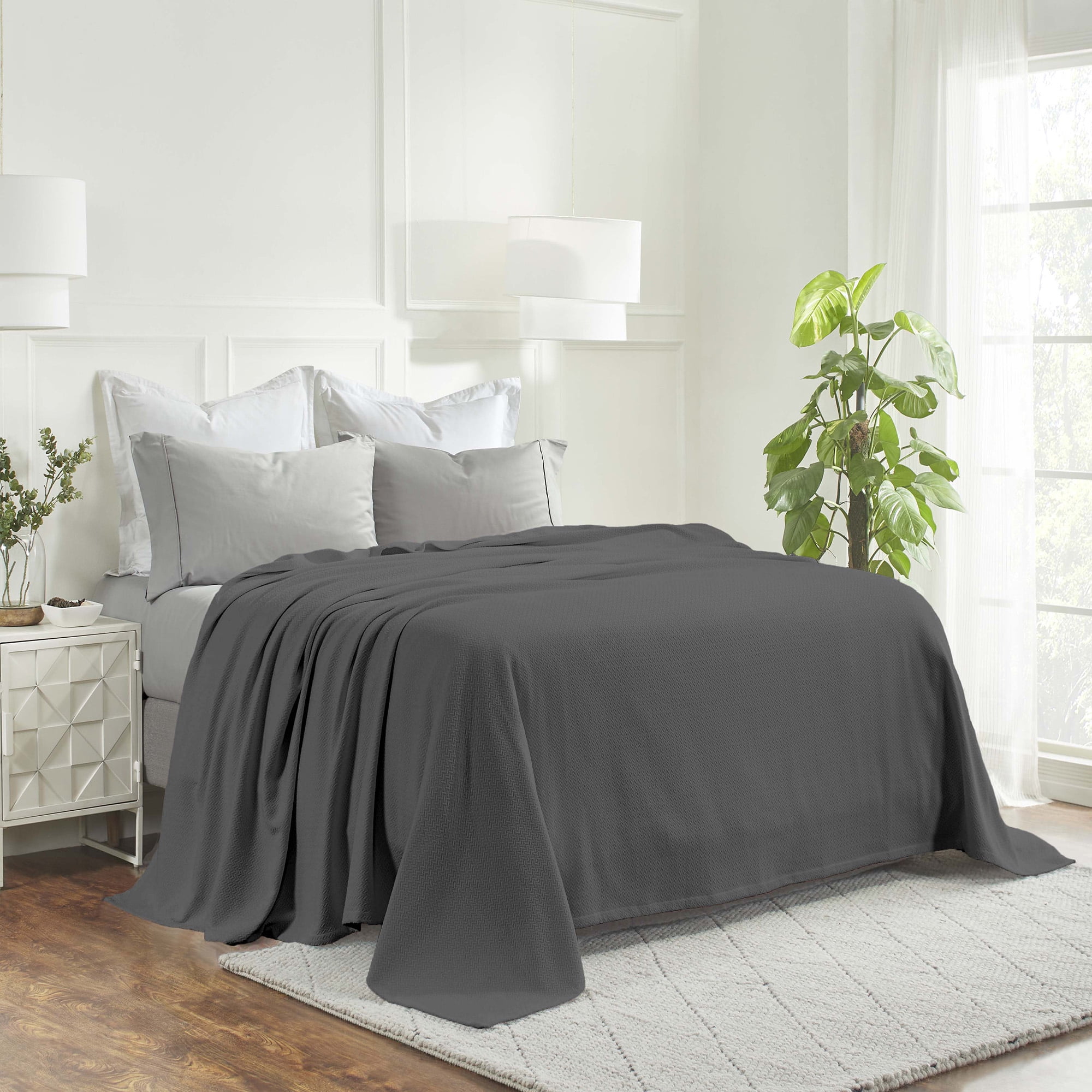 Superior Nobel Cotton Textured Chevron Woven Blanket, Full Queen, Charcoal