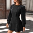 thumbnail image 4 of IUYRTFE Women's Washed Denim Mini Dress with Long Sleeves Crew Neck A Line Flared Hem Casual Jean Dress, 4 of 9