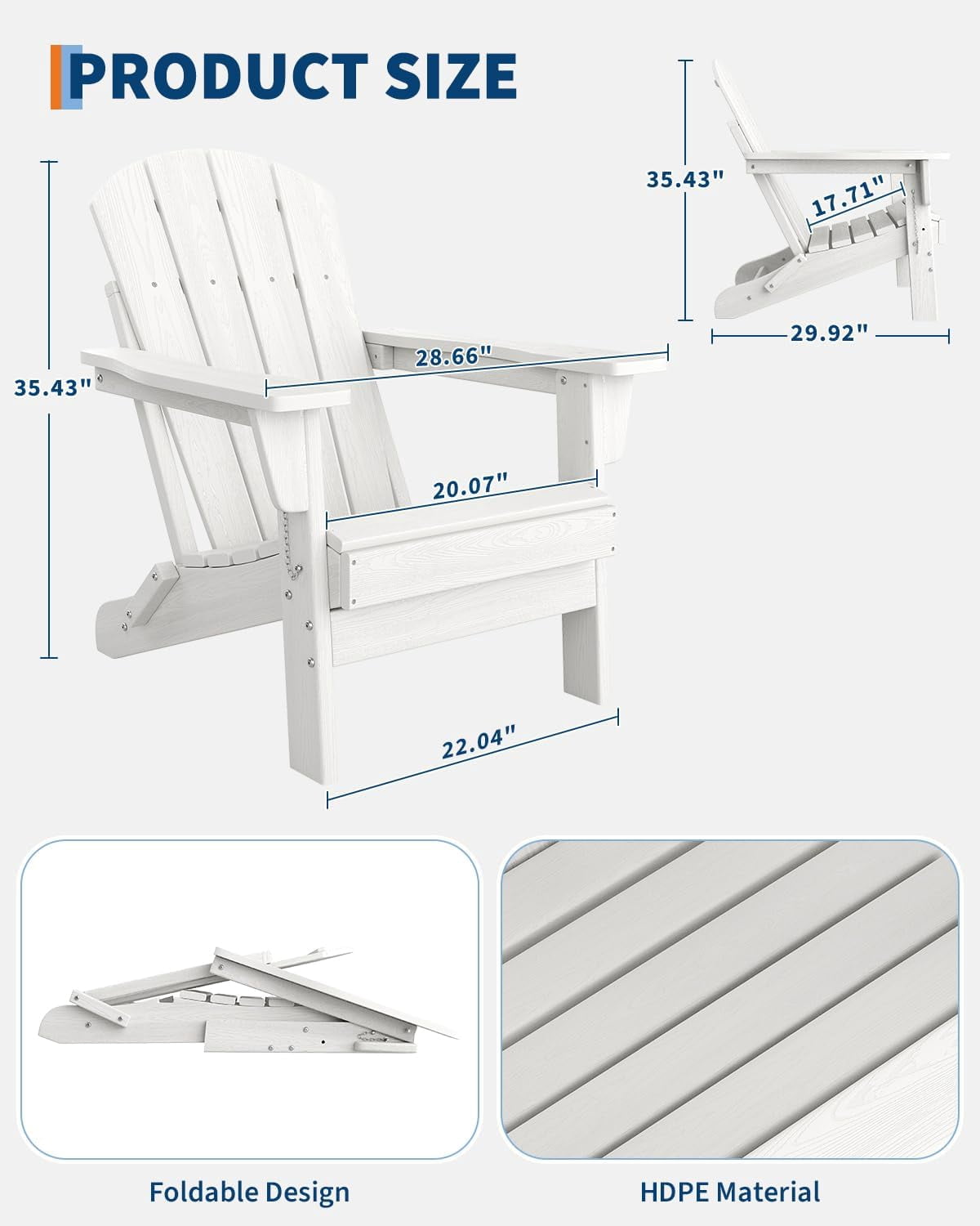 Folding Adirondack Chairs Set of 2, HDPE Plastic Outdoor Chairs with Wood Texture 380 LBS & Weather Resistant for Fire Pit, Deck, Patio, Pool, Backyard White