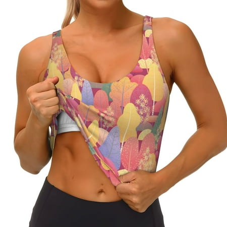 Qokaie Colorful Autumn Forest Trees Pattern Womens Scoop Neck Sports Bra Breathable Workout Vest Padded U Back Medium Impact Fitness Gym Yoga Bra Workout Crop Top