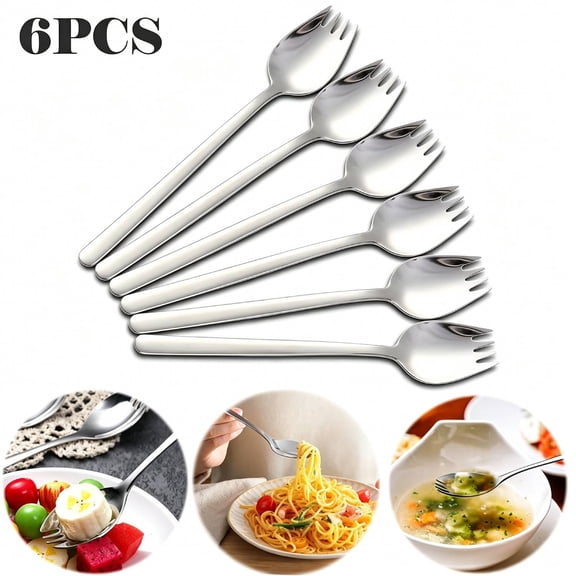 6 PCS Stainless Steel Spork,Dinner Forks Stainless Steel Fruit Fork Spoon Long Handle Ice Cream Salad Dessert Tableware Multi-Function Silver Spork