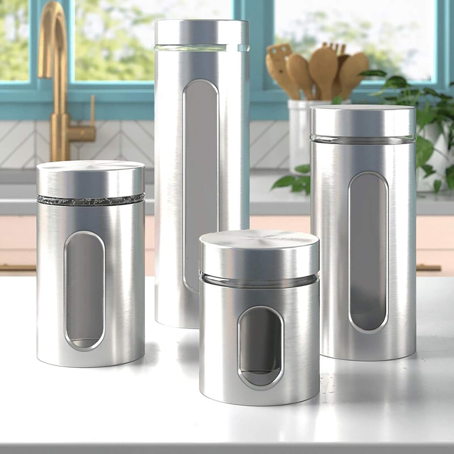 Quality 4pc Stainless Steel Canister Set for Kitchen Counter with Glass Window & Airtight Lids, Food Storage Containers, Pantry Storage & Organization Set for Coffee, Flour, Pasta