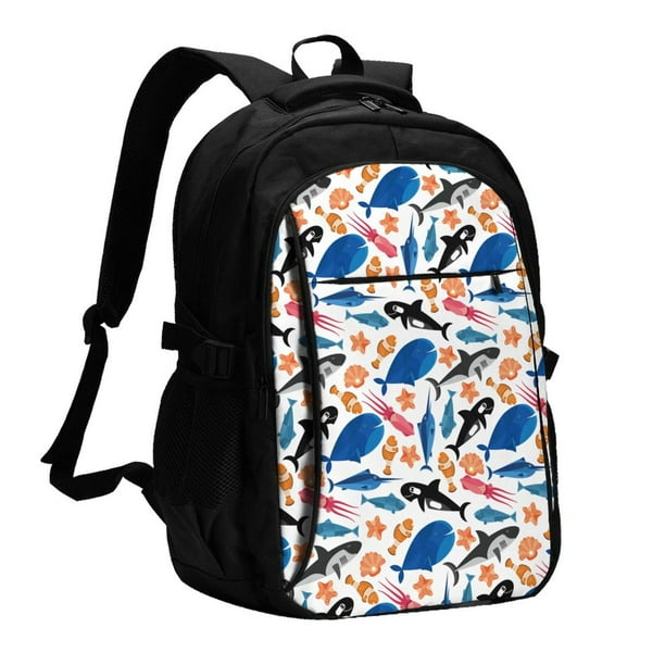 Easygdp Cute Sea Animals Mochila para Laptop de Viaje con Puerto USB, Mochila para Laptop con Puerto de Carga USB para Mujeres y Hombres